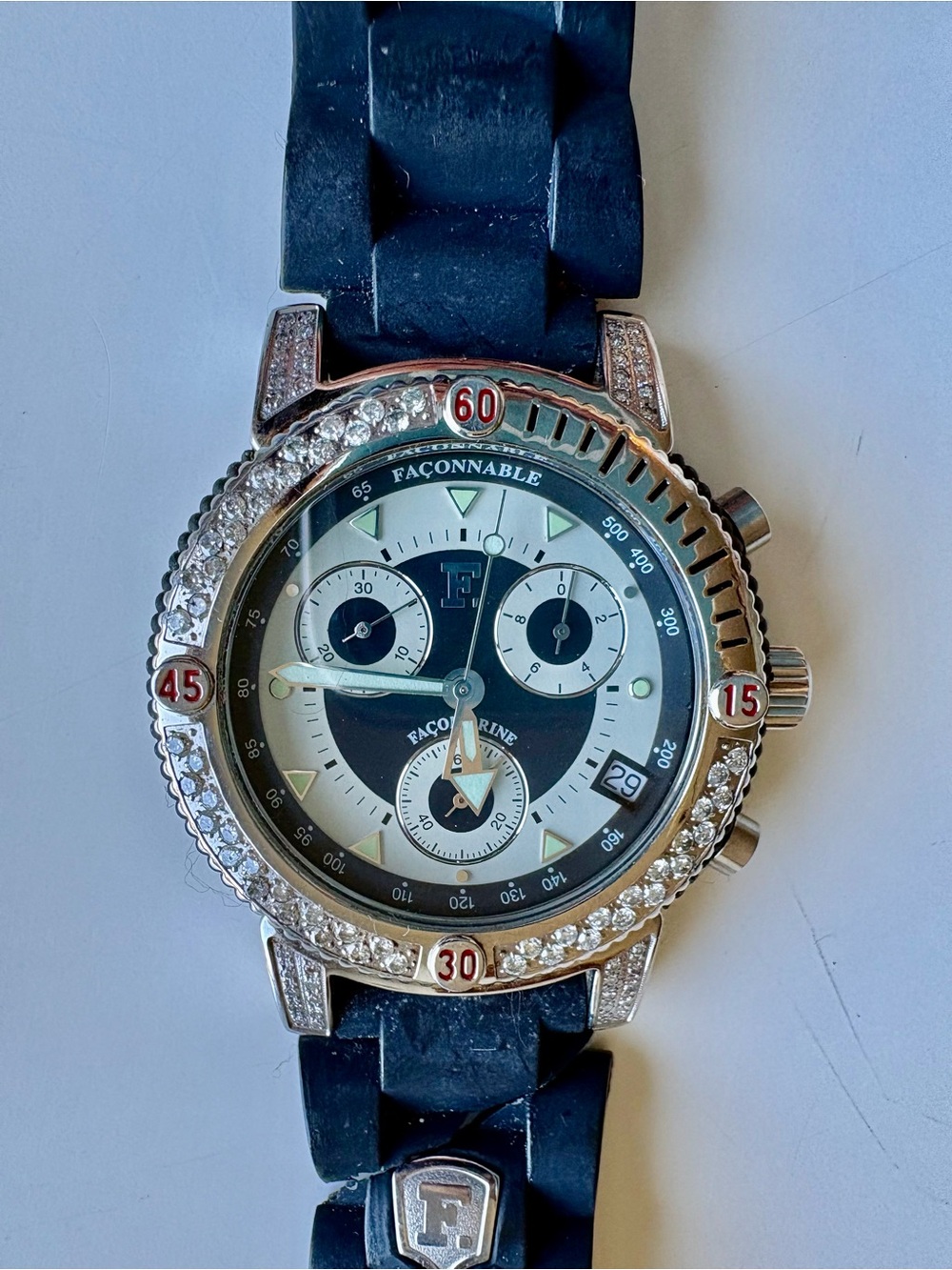 Faconnable Stainless Steel Chronograph Watch with Diamond Bezel and Black Dial